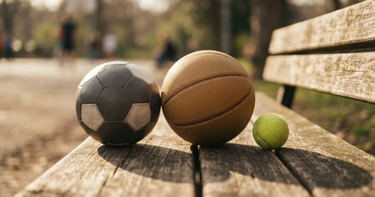 Drie ballen van verschillende soorten naast elkaar op een houten bank