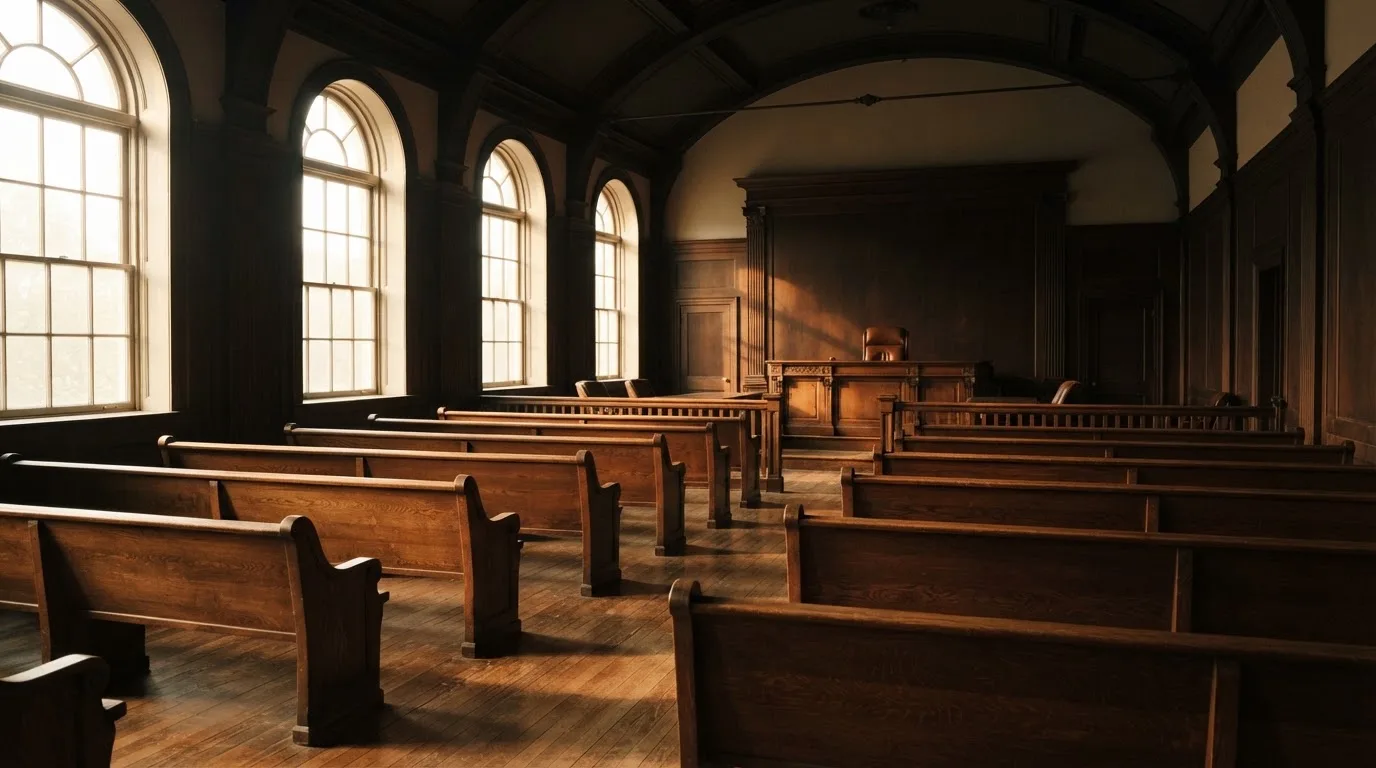 Een lege rechtszaal met houten banken in het ochtendlicht