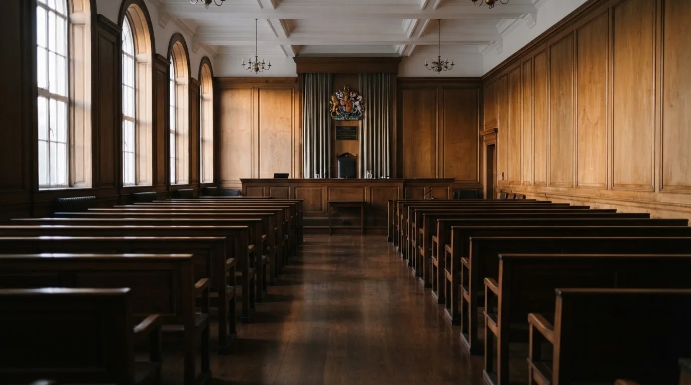 Een lege rechtszaal met houten banken in het ochtendlicht