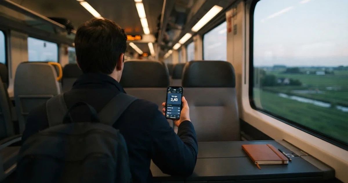 Een hand houdt een smartphone vast in de trein, het scherm van de camera afgewend