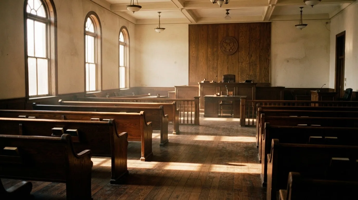 Een lege rechtszaal met houten banken in het ochtendlicht