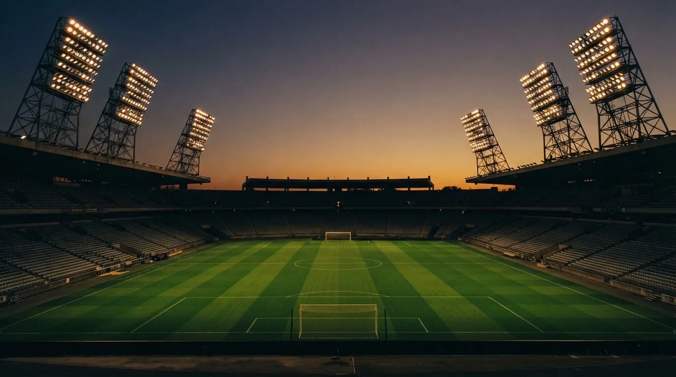 Een leeg voetbalstadion met lichtmasten bij schemering