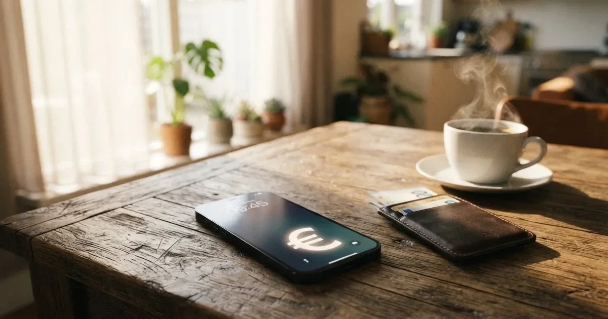 Een smartphone op een houten tafel naast een portemonnee en een kopje koffie