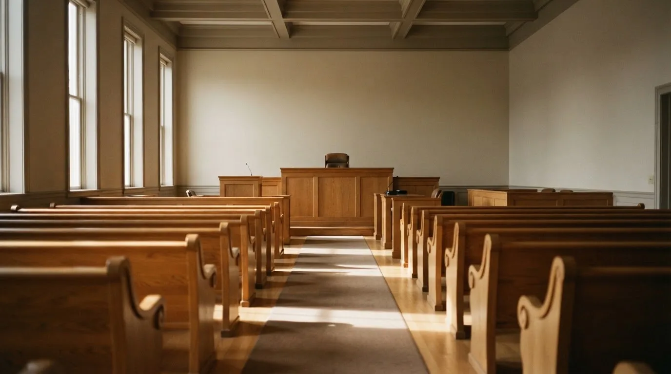 Een lege rechtszaal met houten banken in het ochtendlicht