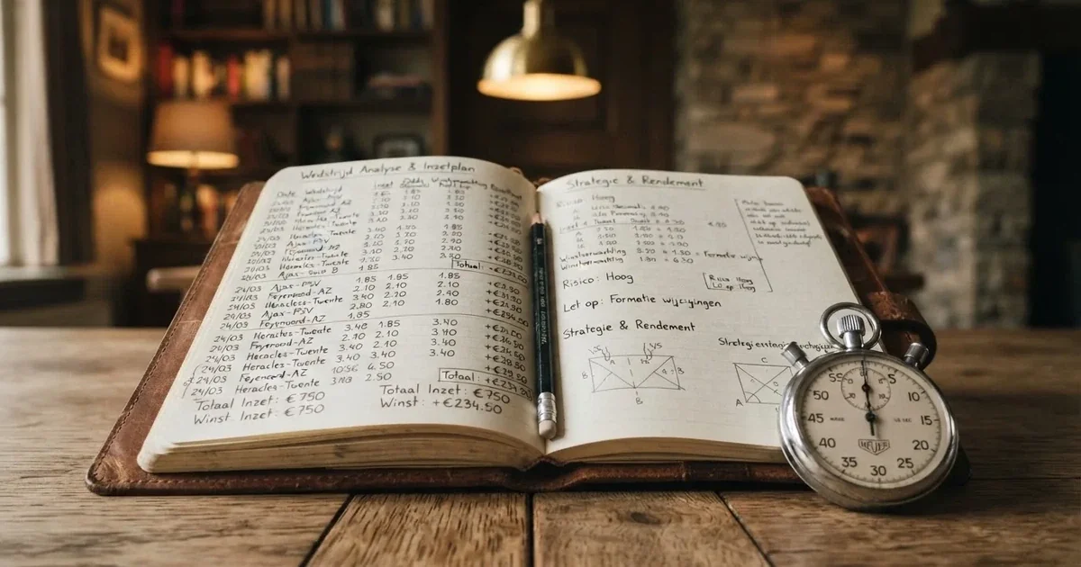 Een opengeslagen notitieboek met een potlood en een stopwatch op een houten tafel
