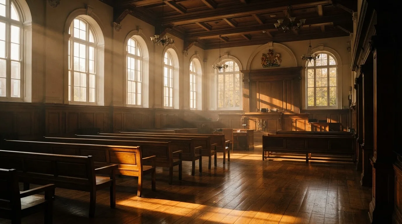 Een lege rechtszaal met houten banken in het ochtendlicht