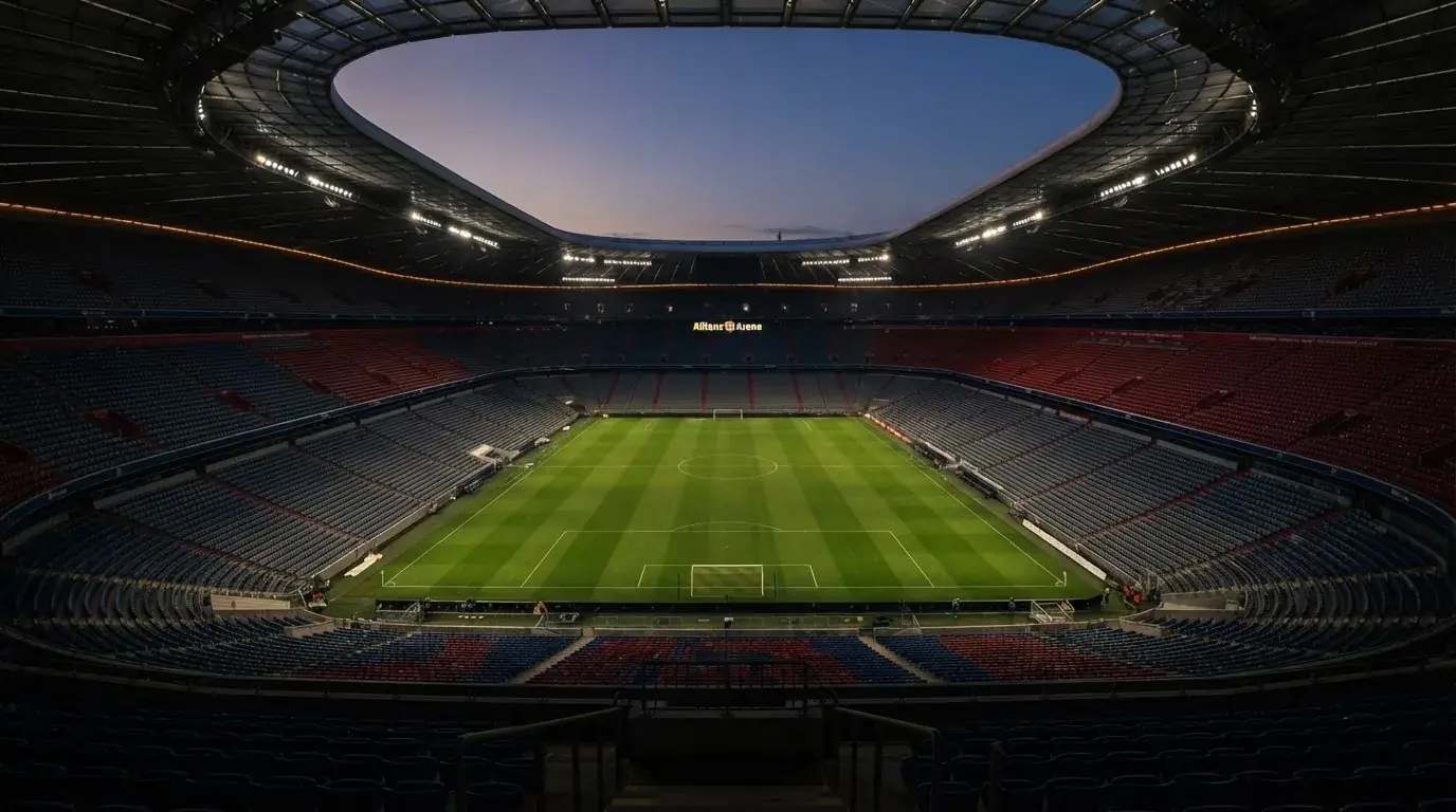 Een leeg voetbalstadion met lichtmasten bij schemering