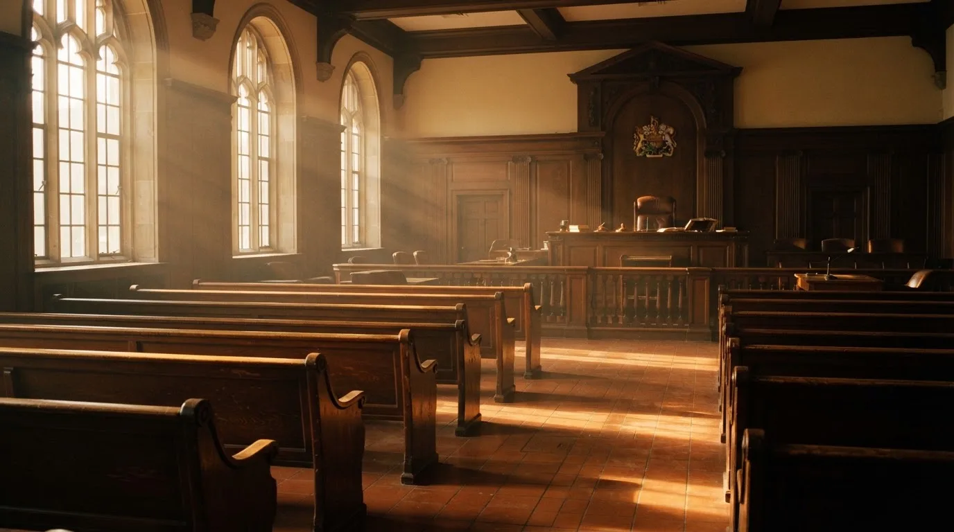 Een lege rechtszaal met houten banken in het ochtendlicht
