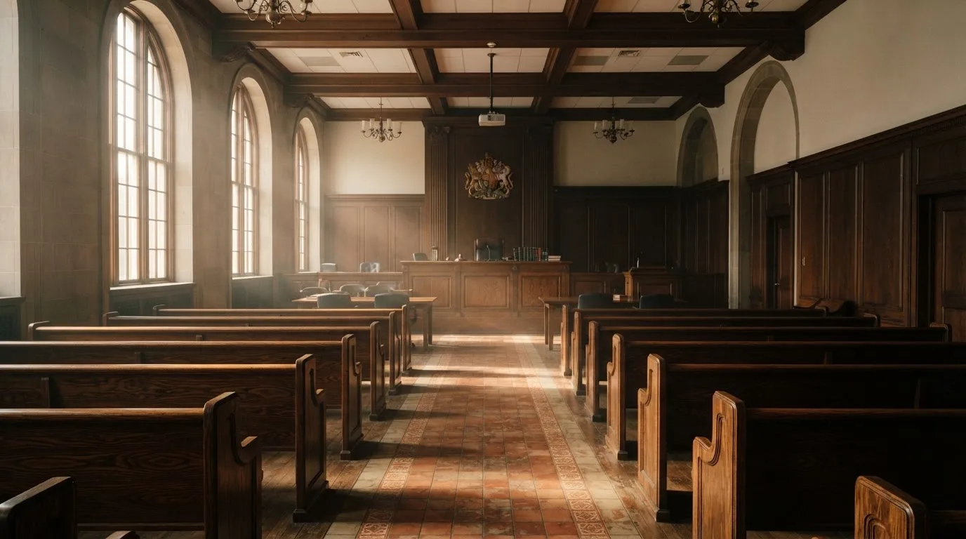 Een lege rechtszaal met houten banken in het ochtendlicht