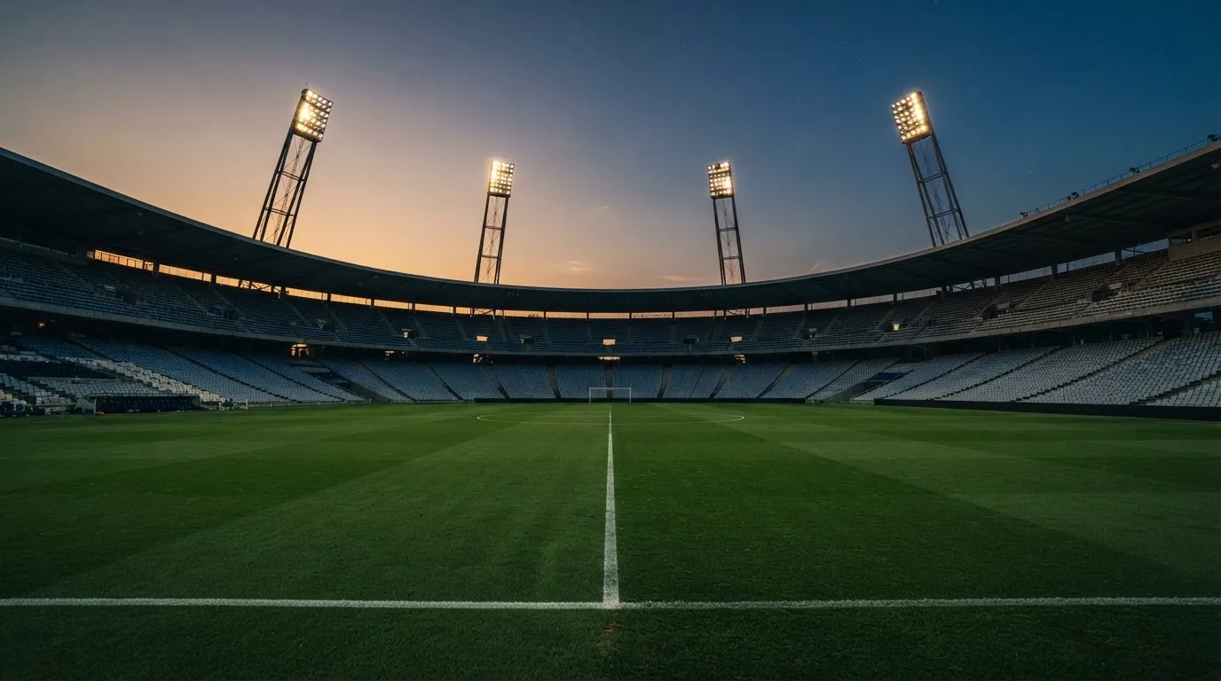 Een leeg voetbalstadion met lichtmasten bij schemering