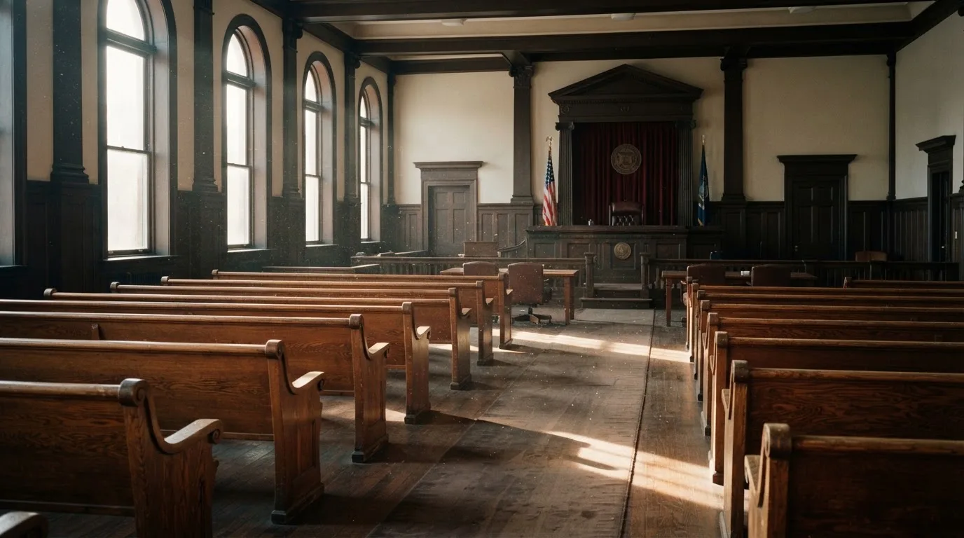 Een lege rechtszaal met houten banken in het ochtendlicht