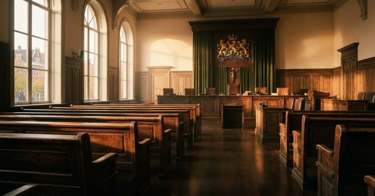 Een lege rechtszaal met houten banken in het ochtendlicht