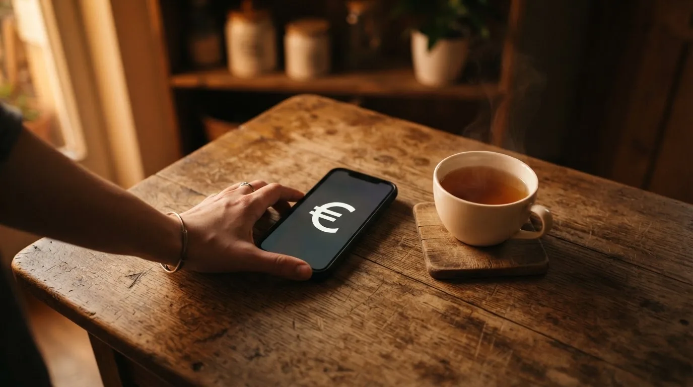 Een hand legt een smartphone naast een kopje thee op een keukentafel, een rustige avond
