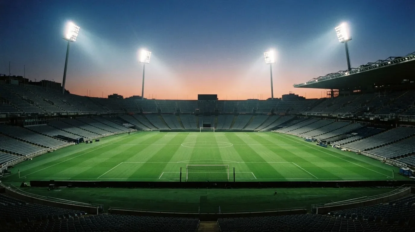 Een leeg voetbalstadion met lichtmasten bij schemering