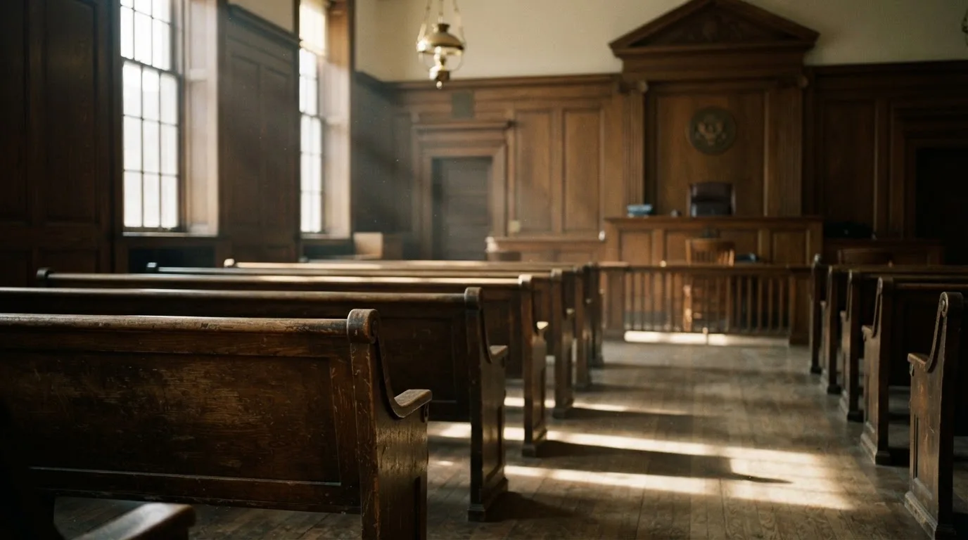 Een lege rechtszaal met houten banken in het ochtendlicht