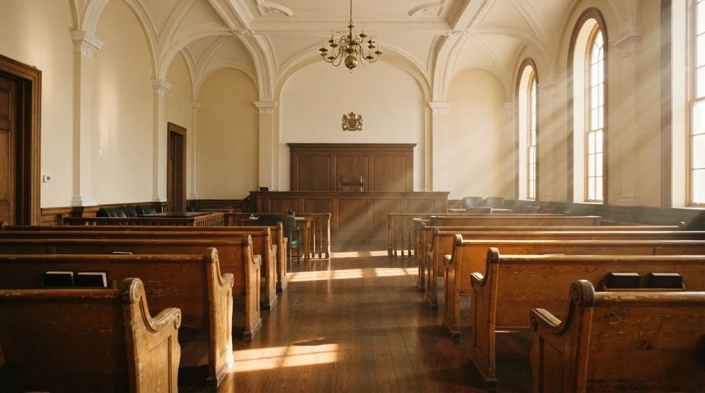 Een lege rechtszaal met houten banken in het ochtendlicht