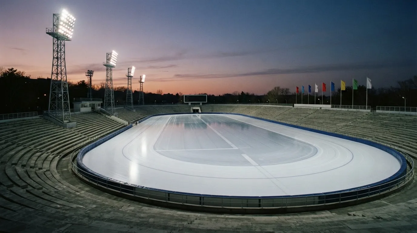 Een leeg voetbalstadion met lichtmasten bij schemering