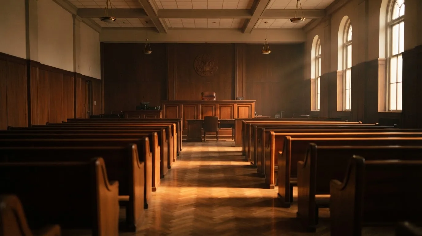 Een lege rechtszaal met houten banken in het ochtendlicht