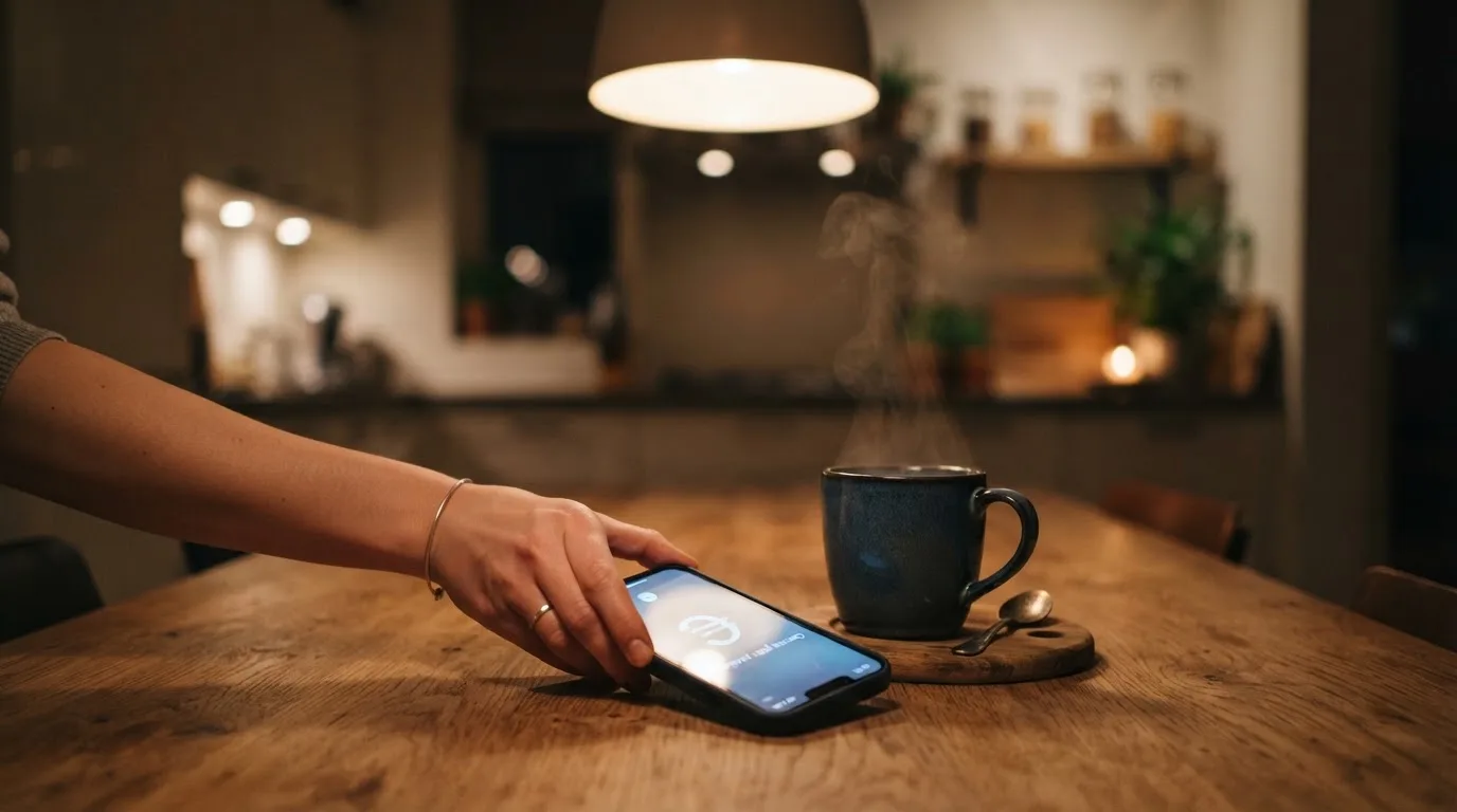 Een hand legt een smartphone naast een kopje thee op een keukentafel, een rustige avond