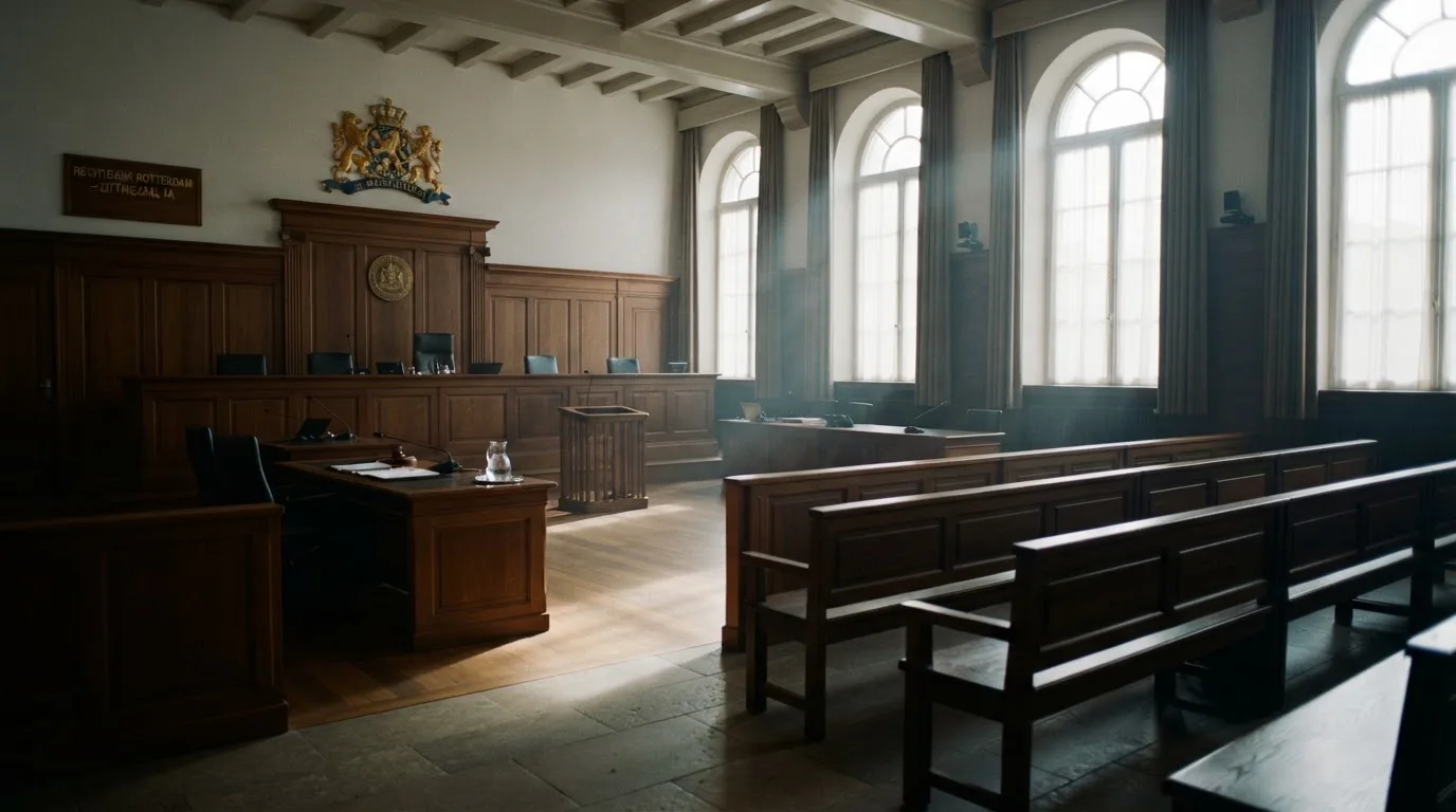 Een lege rechtszaal met houten banken in het ochtendlicht