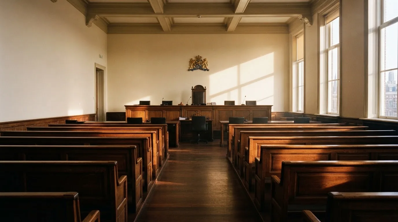 Een lege rechtszaal met houten banken in het ochtendlicht