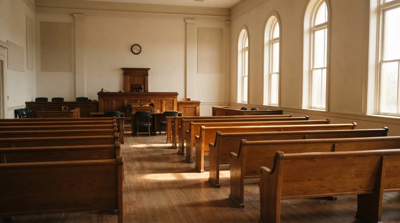 Een lege rechtszaal met houten banken in het ochtendlicht