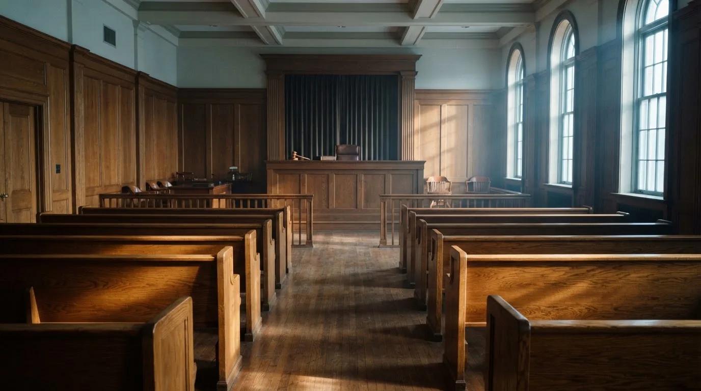 Een lege rechtszaal met houten banken in het ochtendlicht