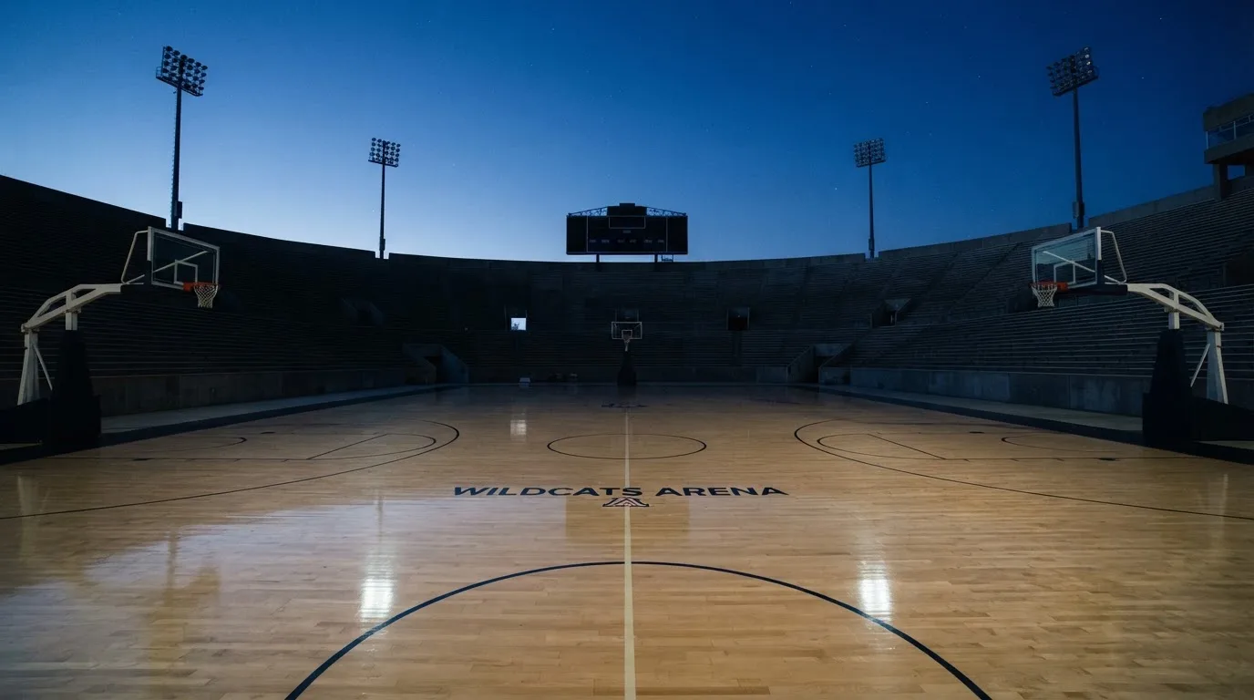 Een leeg voetbalstadion met lichtmasten bij schemering