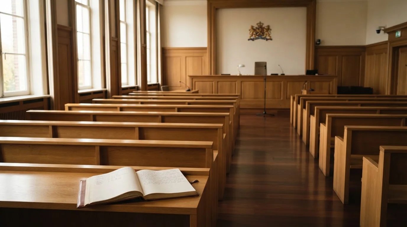 Een lege rechtszaal met houten banken in het ochtendlicht