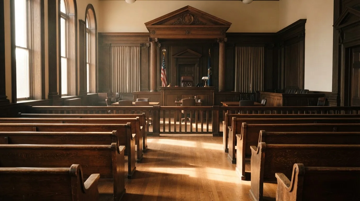 Een lege rechtszaal met houten banken in het ochtendlicht