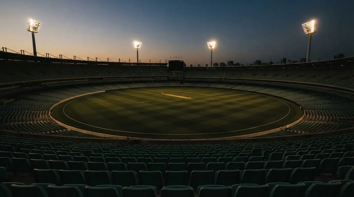 Een leeg voetbalstadion met lichtmasten bij schemering