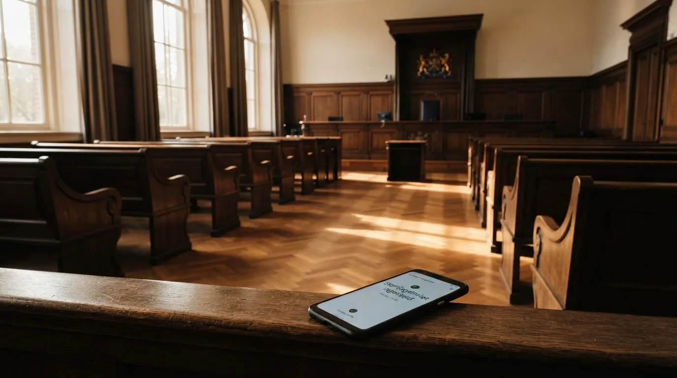 Een lege rechtszaal met houten banken in het ochtendlicht