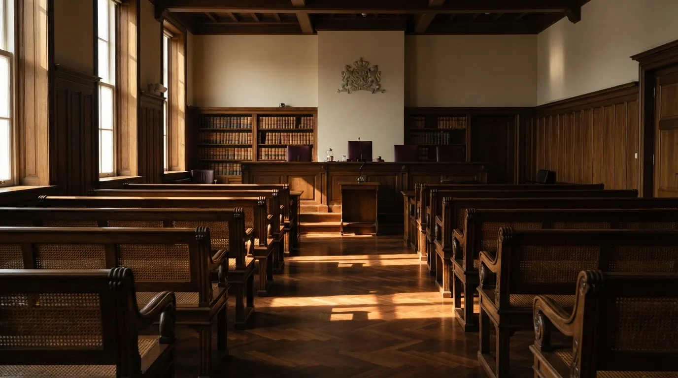 Een lege rechtszaal met houten banken in het ochtendlicht