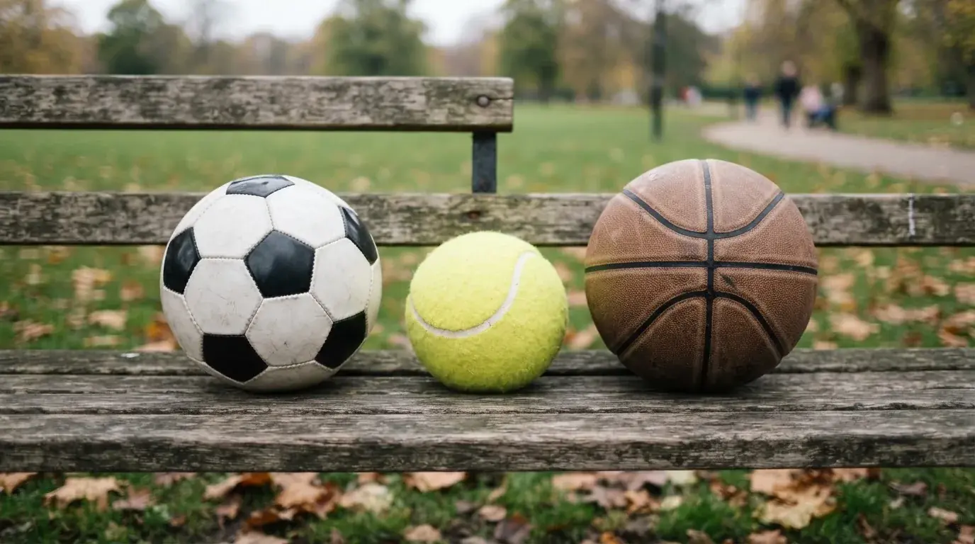 Drie ballen van verschillende soorten naast elkaar op een houten bank