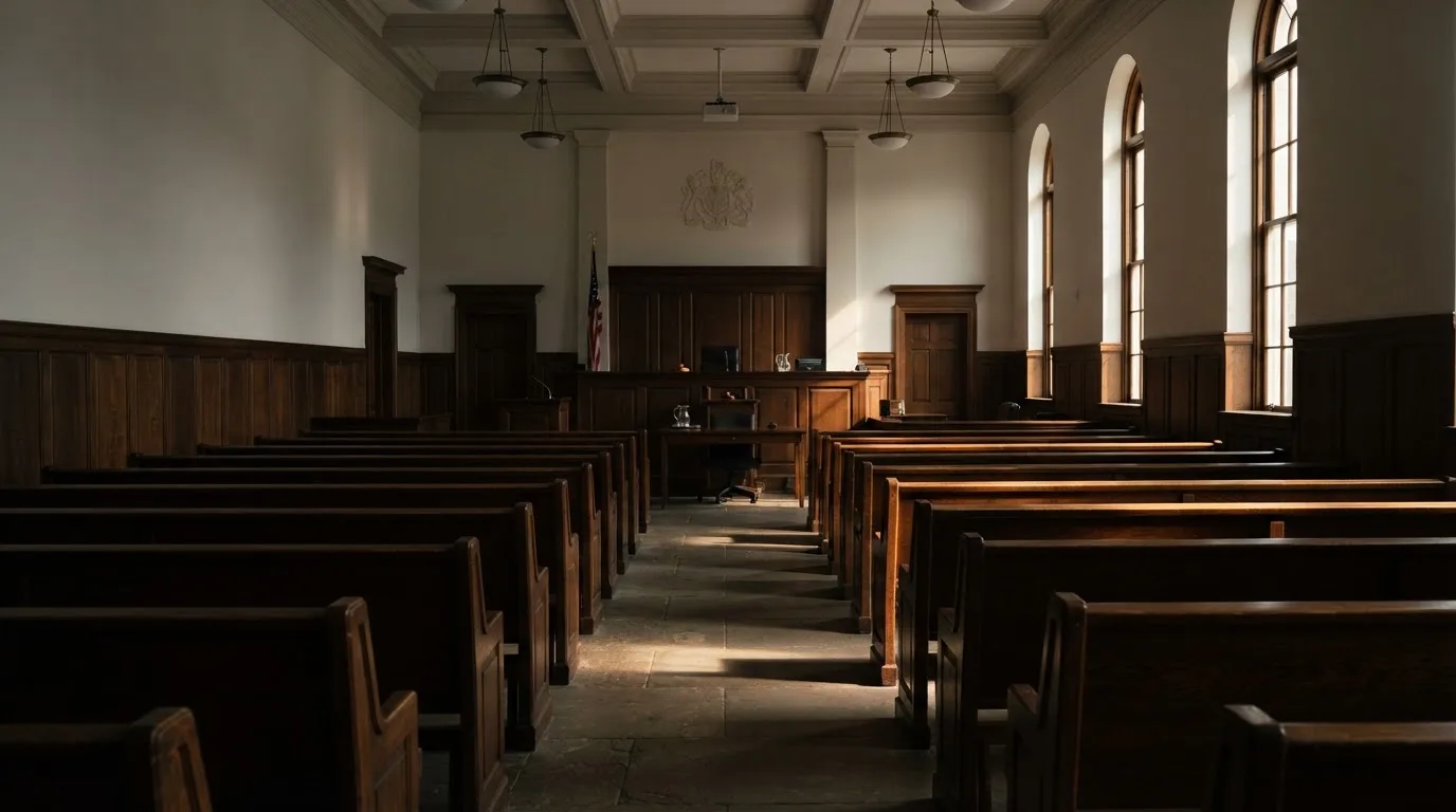 Een lege rechtszaal met houten banken in het ochtendlicht