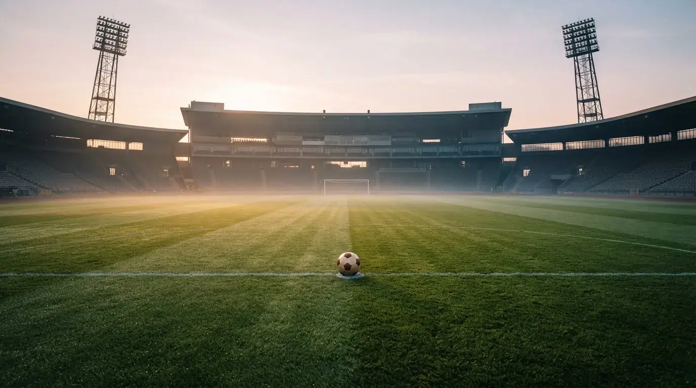 Een voetbal op de middenstip van een grasveld in het ochtendlicht