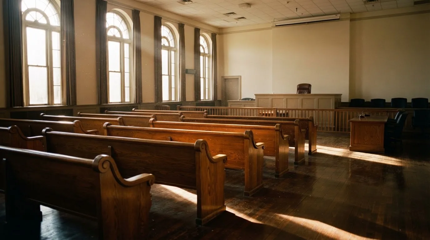Een lege rechtszaal met houten banken in het ochtendlicht