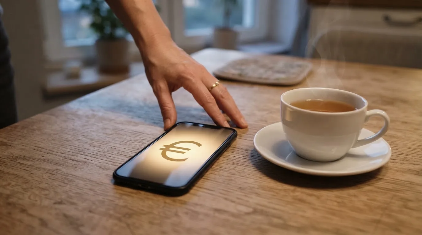 Een hand legt een smartphone naast een kopje thee op een keukentafel, een rustige avond