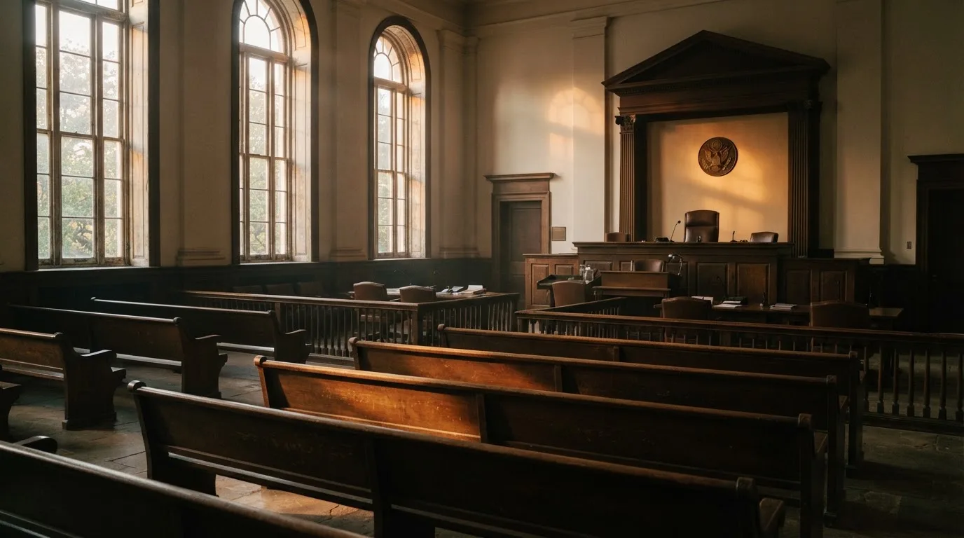 Een lege rechtszaal met houten banken in het ochtendlicht
